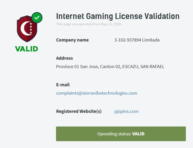 PJSpins Casino licencia